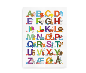 ABC alfabet plakat med farverige bogstaver og tilhørende illustrationer af dyr og genstande, der repræsenterer hvert bogstav fra A til Å.