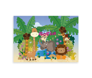 Navneplakat med illustrationer af en elefant, giraf, løve og abe i en tropisk setting med palmer og blomster.