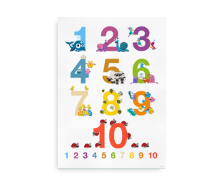 Plakat med tal fra 1 til 10, illustreret med farverige dyr og insekter.