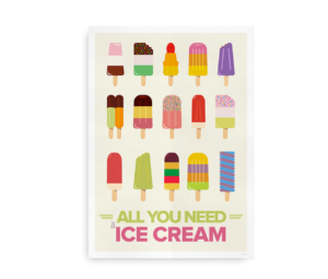 Farverig plakat med 15 smukt illustrerede ispinde i retro-design. Perfekt som sommerlig dekoration til hjemmet.