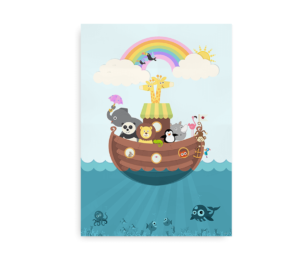 Plakat af Noahs Ark fyldt med forskellige dyr under en regnbue og sol, med fisk og en hval i havet.