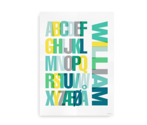 Farverig alfabet plakat med tilpasset navn i grønne og blå nuancer.