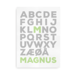 Plakat med navn og dansk alfabet - Forbogstav i farve - til drenge