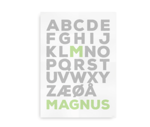 Plakat med navn og dansk alfabet - Forbogstav i farve - til drenge