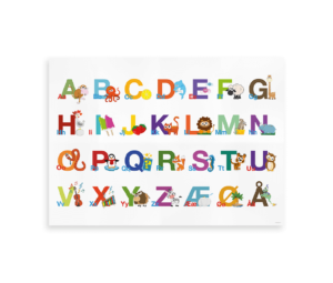 Alfabet plakat med det danske alfabet og sjove illustrationer til hvert bogstav.