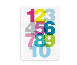 Plakat med farverige tal fra 1 til 10 i et overlappende design.