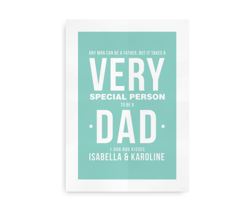 Fars dags-plakat med teksten "Very special person to be a dad", personliggjort med navne.