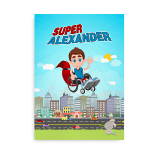 "Superhelt i kørestol" - Navneplakaten til barnet i kørestol