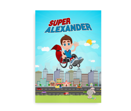"Superhelt i kørestol" - Navneplakaten til barnet i kørestol