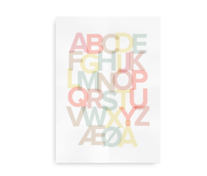 Minimalistisk plakat med alfabetet i pastelnuancer, hvor bogstaverne overlapper hinanden på en hvid baggrund.