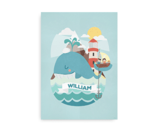 Plakat med en stor blå hval, et fyrtårn og en båd, tilpasset med navn