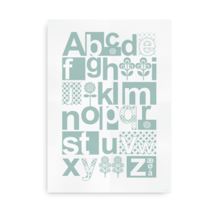ABC Alfabetplakat med dansk alfabet i skandinavisk stil - turkis