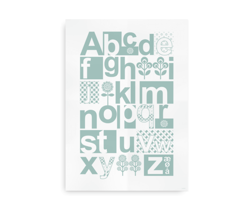 ABC Alfabetplakat med dansk alfabet i skandinavisk stil - turkis