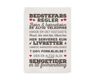 Plakat med "Bedstefars regler" i brun tekst på beige baggrund