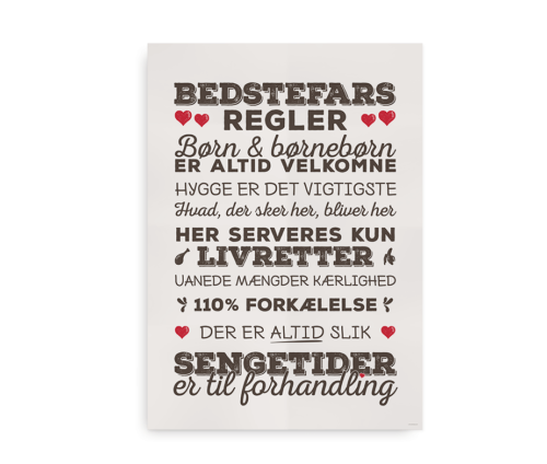 Den klassiske "Bedstefars Regler" plakat - brun med røde hjerter