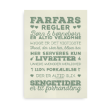 Sjov citatplakat med "Farfars Regler" - grøn tekst på beige baggrund