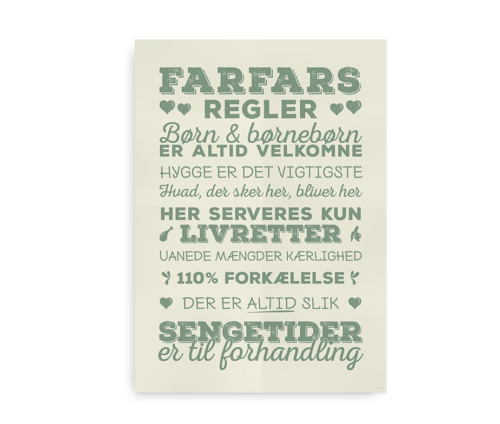 Sjov citatplakat med "Farfars Regler" - grøn tekst på beige baggrund