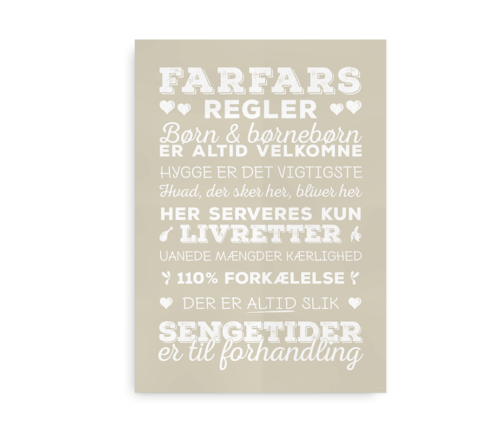 Poster "Farfars regler" - hvid tekst på beigebaggrund