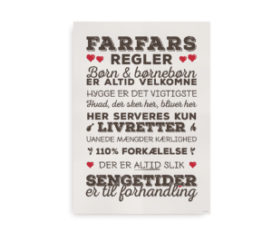 Plakat med "Farfars regler" i brun tekst og røde detaljer på beige baggrund.