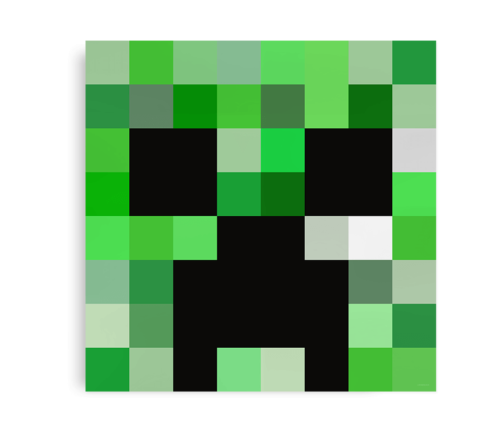 Pixelansigt af en Creeper fra Minecraft med grønne nuancer og sorte øjne.