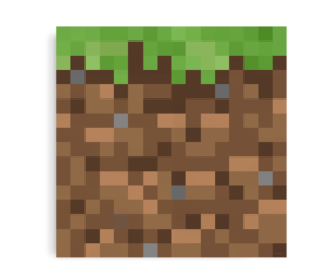 Minecraft græsblok i pixelgrafik med græs på toppen og jord nedenunder.