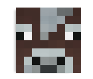 Pixelansigt af en ko fra Minecraft med brune og grå nuancer.