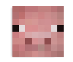 Pixelansigt af en gris fra Minecraft med lyserøde nuancer og sorte øjne.