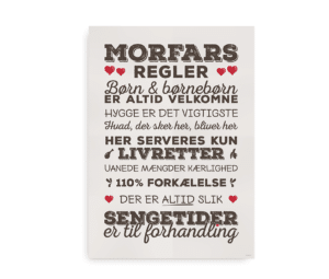 Plakat med "Morfars regler" i brun tekst på hvid baggrund.
