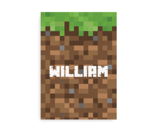 Navneplakat med Minecraft-inspireret jordblok-design og navnet "William" i hvid pixel-font.