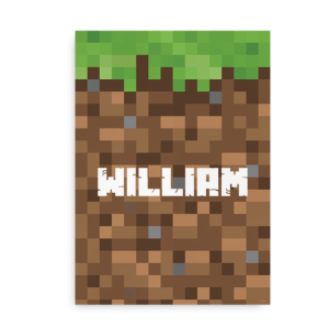 Plakat med navn på Minecraft-inspireret baggrund