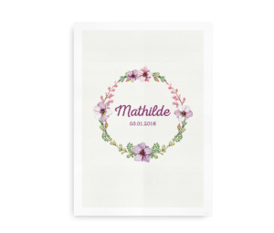 Navneplakat med blomsterkrans