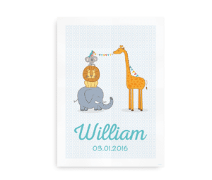 Plakat med navn, dyr og festlige flag - dreng
