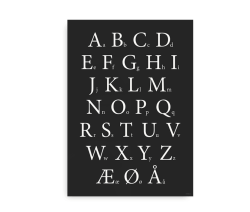 Klassisk alfabetplakat med hvide bogstaver
