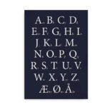 Klassisk alfabetplakat - midnatblå med prikker ved vokaler