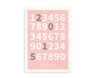 Personlig plakat med talrækker i hvid skrift på lyserød baggrund, hvor nogle tal er fremhævet i grå, samt plads til tilpasning af dato.