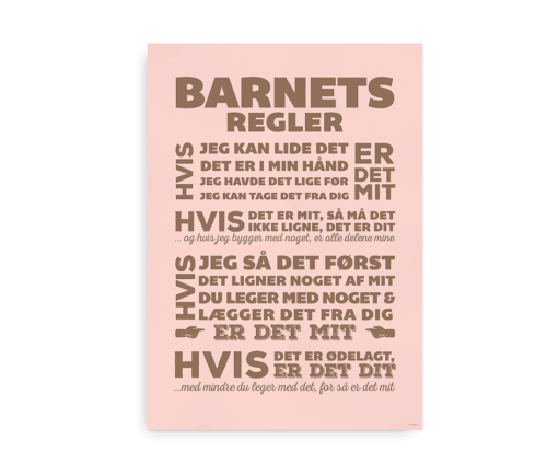 Plakat med "Barnets regler" - lyserød til piger