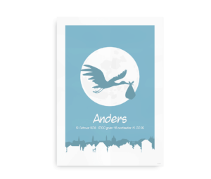 Fødselstavle med navn, fødselsdag, vægt, længde og klokkeslæt med stork motiv - lyseblå til drenge