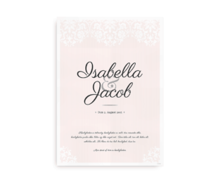 Lyserød bryllupsplakat med et romantisk design og mulighed for personliggørelse af navne, dato og tekst. Ideel til bryllupper.