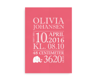 Lyserød navneplakat med elefantmotiv, der viser barnets fødselsinformationer som navn, dato, vægt, højde og tidspunkt.