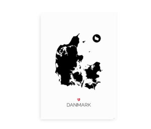 Sort-hvid plakat med et kort over Danmark i sort silhuet på hvid baggrund og teksten "Danmark" under kortet.