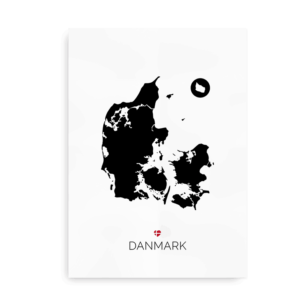 Plakat med Danmarkskort - sort med rødt flag