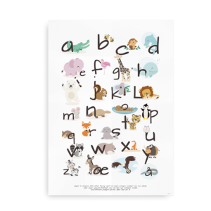 ABC plakat med det danske alfabet og flotte tegninger af alverdens dyr