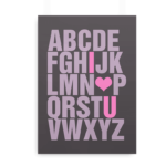 ABC plakat med engelsk alfabet og med "I (love) U" fremhævet