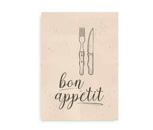 Plakat til køkken med teksten Bon Appetit - brun på beige baggrund