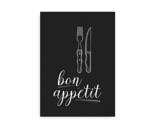 Bon Appetit - køkken plakat hvid på sort baggrund
