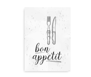 Plakat med teksten "Bon Appétit" og illustrationer af en kniv og gaffel på hvid baggrund med sort grafik.