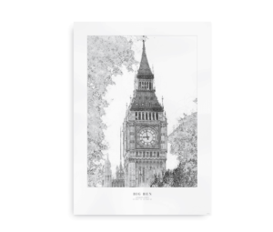 Plakat med en detaljeret skitse af Big Ben i London, omgivet af træer i en elegant minimalistisk stil.