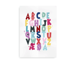 Farverig alfabetplakat med sjove bogstaver, der har små arme, ben og ansigter. Perfekt til børneværelset.