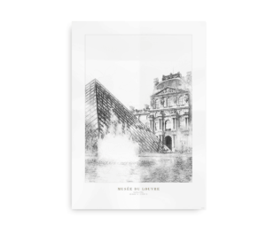 Skitse af Musée du Louvre i Paris med den ikoniske glaspyramide og den klassiske museumsbygning i baggrunden.