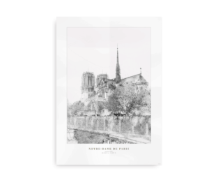 Skitse af Notre Dame de Paris, der viser katedralens ikoniske arkitektur og detaljerede facade omgivet af træer og floden Seine.